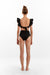 Encantadore black bikini top with ruffle detail along shoulders. 