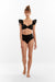 Encantadore black bikini top with ruffle detail along shoulders and high waist black bikini bottom. 