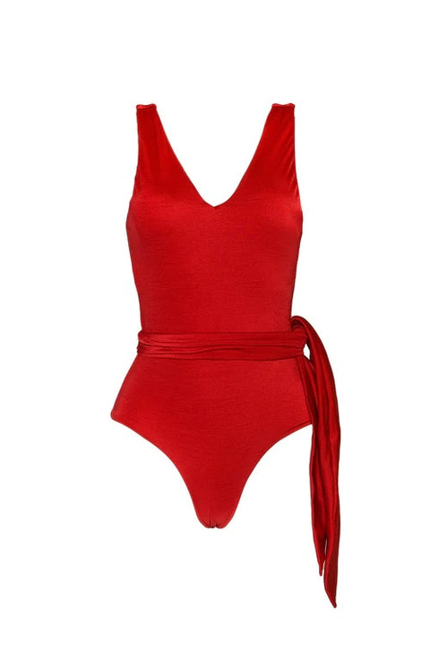 Encantadore red v neckline one piece/bodysuit
